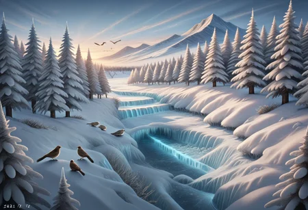 no humans, from above, wolves, wolf, animal christmas, christmas sweater, wings spread, flying bird, forest, frozen forest, icicles, snow, mountainous horizon, frozen river, scenery, landscape, wide shot, Landscape woodcut prints, dated, detailed, very aesthetic, sensitive,, absurdres, masterpiece, best quality, amazing quality, beautiful, no background, intricate details,