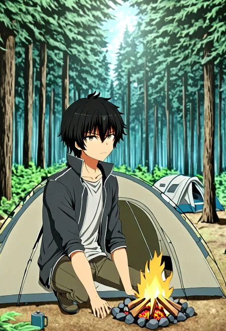 high resolution, solo, best quality, 1Boy, Seiya Kanie, black hair, short hair, forest, camping, OverallDetail
