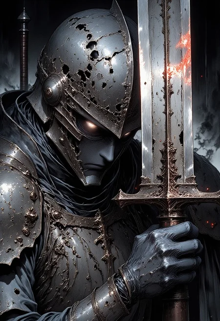 A brutal, battle-hardened knight’s eyes under a cracked and scorched helmet, gripping the hilt of a massive sword with one hand. His eyes glow dimly with grim determination. The sword’s oversized blade is partially visible, gleaming ominously, with flashes of deep red highlights glinting along the edges, adding an eerie, fiery aura. The knight's hand, rough and scarred, clasps the grip tightly, showing the strength required to wield such a weapon. Reddish tones emphasize the wear and tear on his skin, with crimson light tracing the sharpest edges of the blade. The ink lines are rough and heavy, capturing deep scars, wrinkles, and dust etched into his skin. His gaze is confident, menacing, with a slight, bitter crinkle suggesting hardened defiance. High-contrast monochromatic illustration with deep blacks and raw hatching, accented with vibrant red streaks that punctuate the scene, creating an atmosphere heavy with the weight of countless battles. nistyle, Studio Ghibli Dark Fairytale.