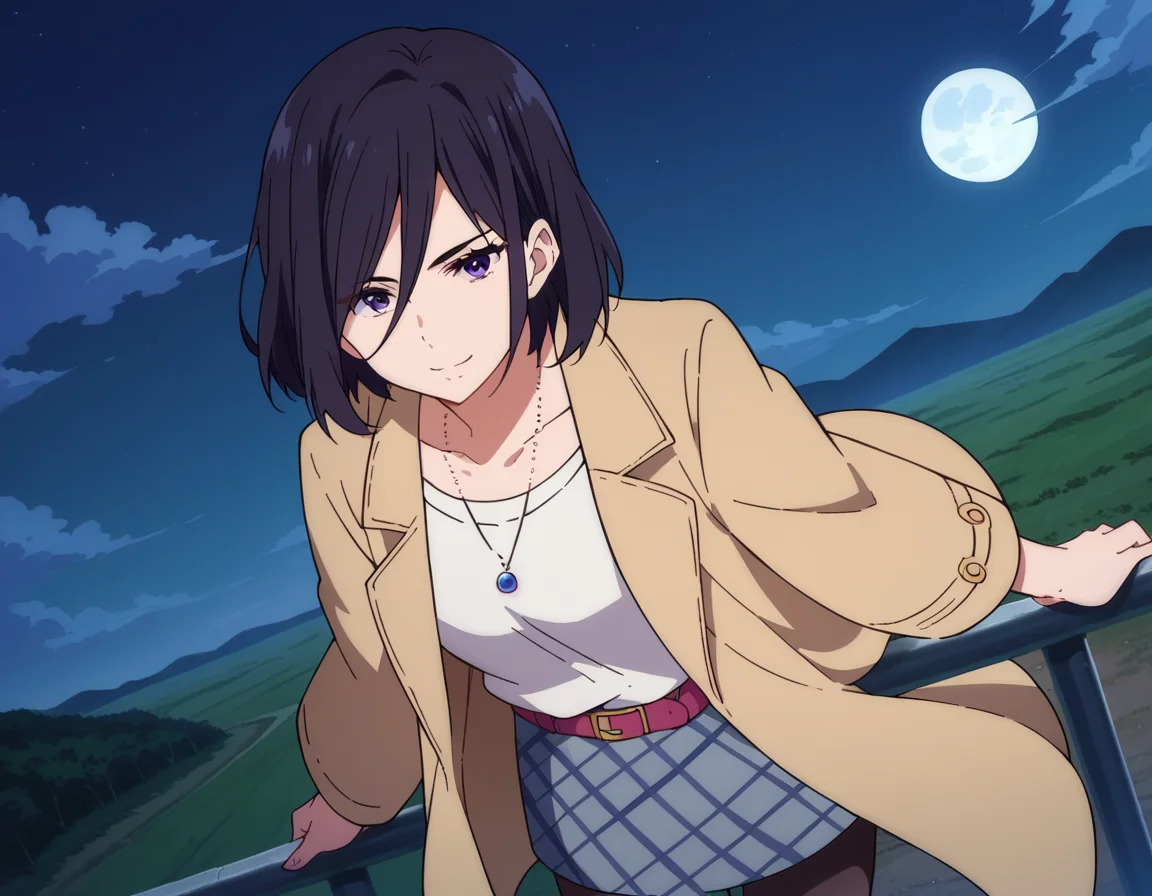 score_9, score_8_up, score_7_up, source_anime,
izuminase, <lora:izumi-nase-s1-ponyxl-lora-nochekaiser:1>,
izumi nase, short hair, black hair, purple eyes,
skirt, shirt, jewelry, open clothes, belt, necklace, coat, black pantyhose, open coat,
outdoors, landscape, night, moon, bent over, smile,
looking at viewer, cowboy shot, dutch angle, solo,