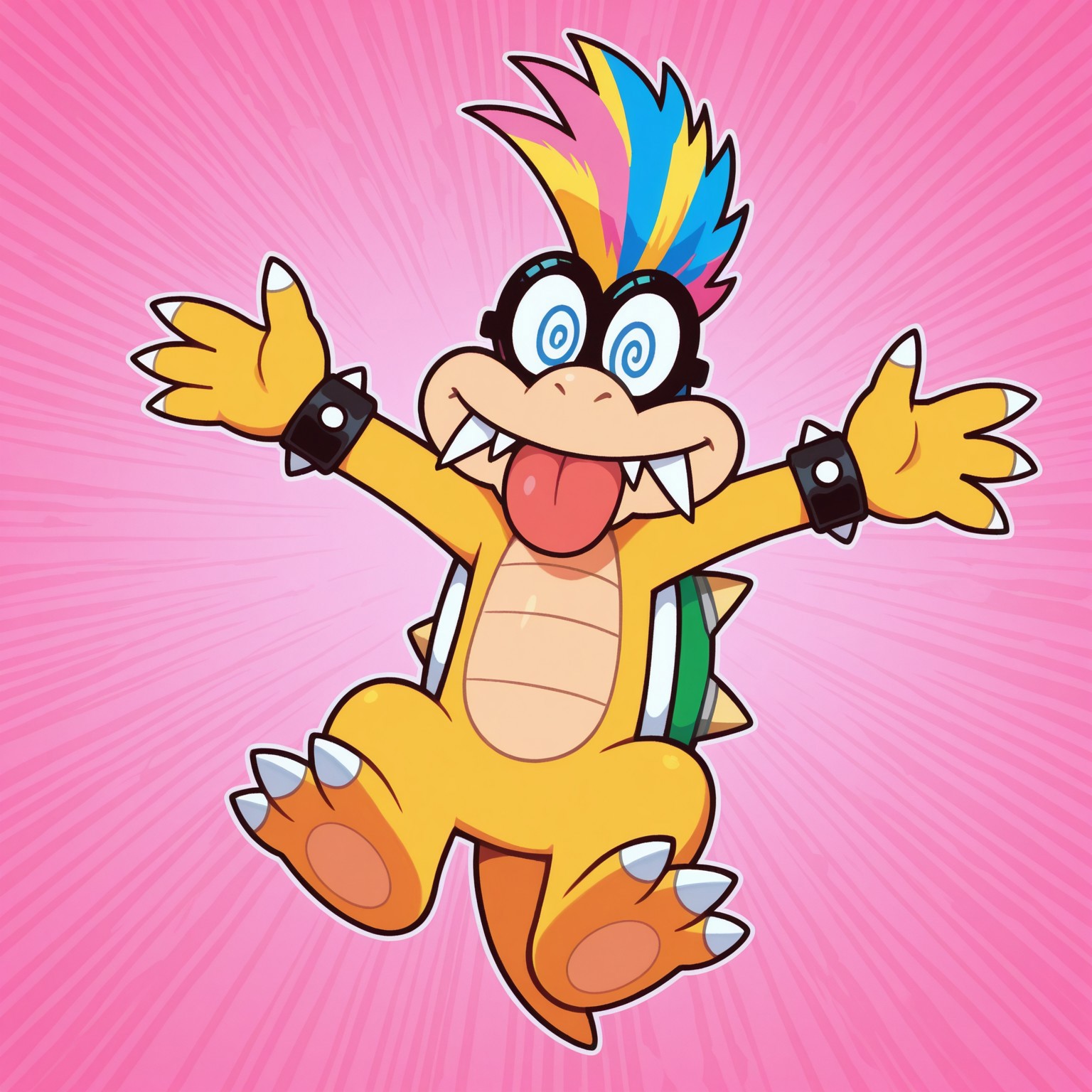 (Mohawk, multicolored hair, yellow hair, pink hair, blue hair), solo, male, fangs, shelled, light green spiked shell, tail, spiked bracelets, scalie, yellow skin, green head, glasses, claws, toe claws, 3 toes, @_@, swirly glasses

BREAK jumping, silly abstract background, facing viewer, tongue out, outstretched arms