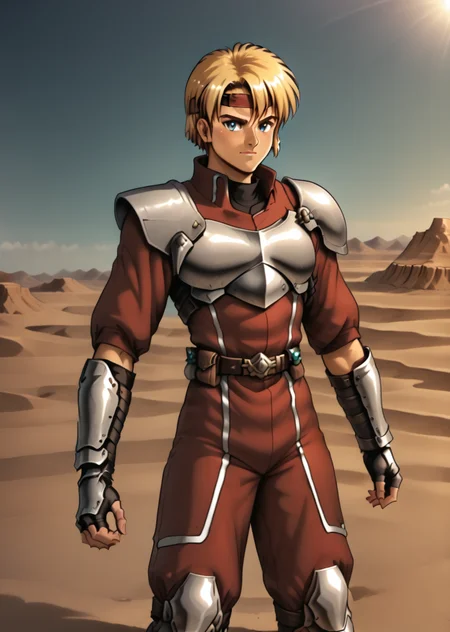 Chaz Ashley, solo, standing, desert, dynamic pose, armor, uniform, headband, <lora:Chaz_Ashley-000011:1>