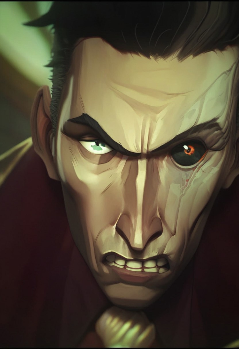 score_9, score_8_up, score_7_up, score_6_up,  
s1lc0 , Silcochembarons, Silco /(league of legends arcane/), solo, short hair, bangs, shirt, black hair, 1boy, male focus, teeth, blurry, heterochromia, clenched teeth, red shirt, portrait, angry, close-up, colored sclera, black sclera ,/(league of legends arcane/),