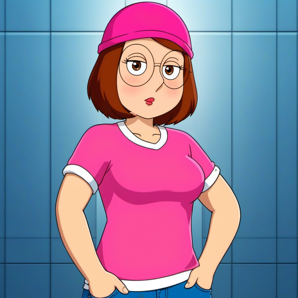 anime artwork a cartoon woman, brown hair, glasses, pink shirt, jeans pants, beanie<lora:Meg1024:0.8> . anime style, key visual, vibrant, studio anime,  highly detailed