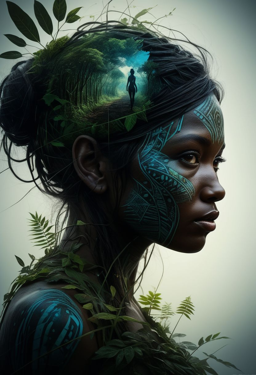 mysterious silhouette of a tribal woman, jungle, goddess, alluring, by Minjae Lee, Carne Griffiths, Emily Kell, Steve McCurry, Geoffroy Thoorens, Aaron Horkey, Jordan Grimmer, Greg Rutkowski, amazing depth, double exposure, surreal, geometric patterns, intricately detailed, bokeh,  perfect balanced, deep fine borders, artistic photorealism , smooth,  great masterwork by head of prompt engineering   <lora:add-detail-xl:2>  <lora:Double_Exposure:0.5>