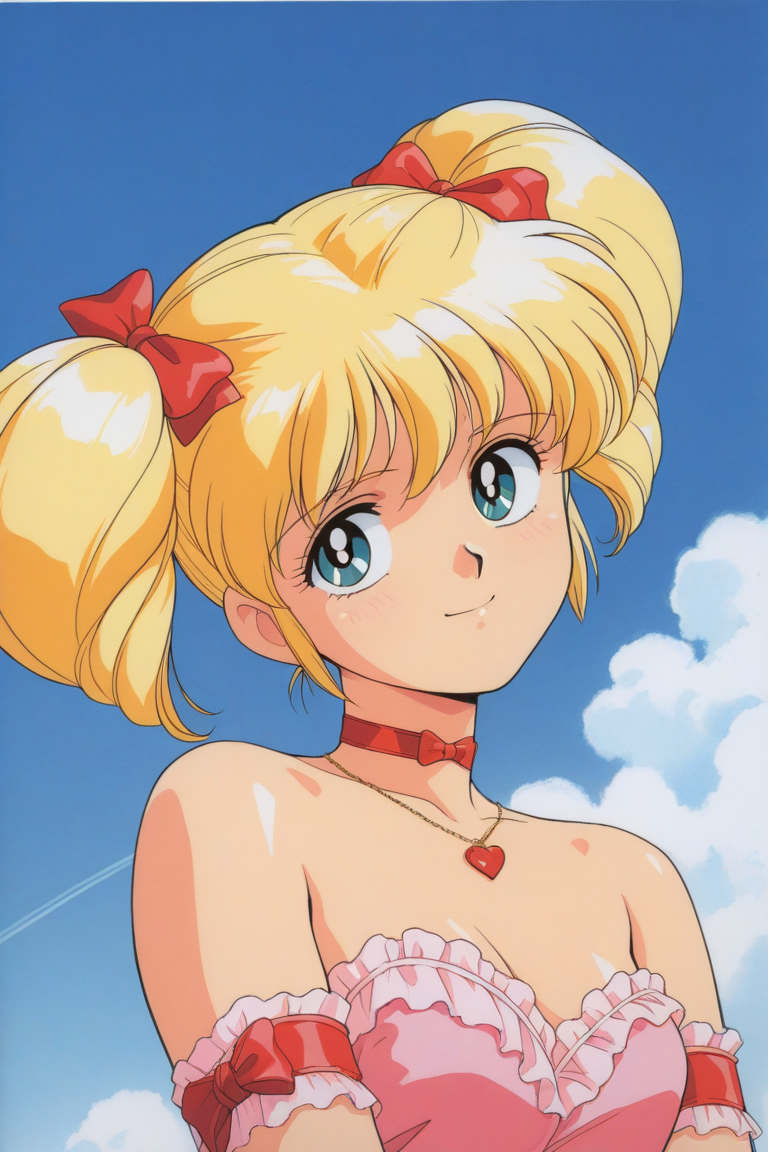 score_9, score_8_up, score_7_up, masterpiece, best quality, source_anime,official art,perfect_anatomy,1990s_\(style\),retro_artstyle,1girl,Eriko_Tamura,blonde_hair,twintails,hair_bow,armband,bare_shoulders,necklace,choker,dress,frills,(detailed face,looking_at_viewer,smile),upper body,blue_sky,cloud
