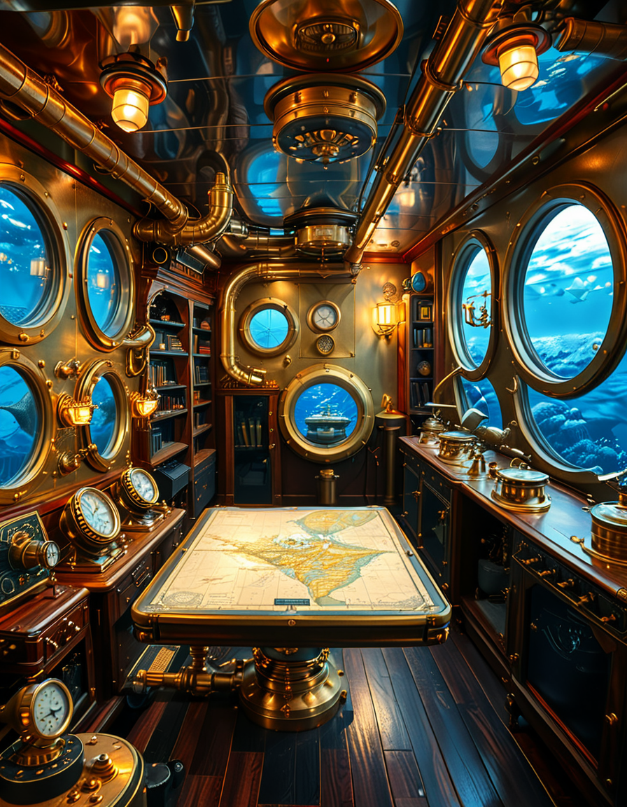 A stunning and intricate view of the interior of the Nautilus submarine, inspired by Jules Verneâs steampunk aesthetic. The room is a mix of Victorian elegance and advanced 19th-century marine engineering. The walls are lined with riveted brass and copper pipes, with intricate pressure gauges and mechanical levers. A massive, round glass porthole offers a breathtaking underwater view of deep-sea creatures swimming in the dark abyss. The warm glow of antique oil lamps and gaslights illuminates the space, casting soft golden reflections on the polished mahogany furniture and ornate brass railings. A large wooden desk is covered with old nautical charts, compasses, and a logbook filled with Captain Nemoâs notes. In the background, a library with leather-bound books and scientific instruments is neatly arranged on wooden shelves, emphasizing the scholarly and adventurous nature of the vessel. The ambiance is a perfect fusion of mystery, science fiction, and vintage maritime beauty, evoking a sense of wonder and deep-sea exploration.<lora:SDXLFaeTastic2400:0.4> <lora:extremely_detailed:0.4> extremely detailed, <lora:Nautilus_subm4r1n3:1>,Nautilus subm4r1n3, Masterpiece,best quality,hi res,8k,hi res,8k,award winning,(sharp focus, intricate, highly detailed),