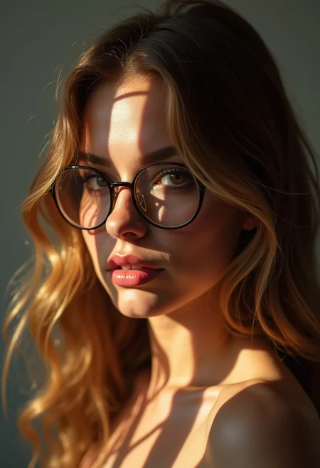 Create a colored  realistic, fashion photography, supermodel face, colorful, sexy pinup girl pose, full shot, dynamic angle, 1girl, beautiful light golden brown hair, long hair, round face shape, big bright brown eyes, round glasses, hourglass body, nude, arched_back, medium breasts, saggy boobs, puffy nipples, dynamic angle, aroused, horny, blushing, looking at viewer, sultry look, (spreading legs), thigh high socks, narrow waist, round hips, round ass,shot on the Hasselblad H6D-100c medium format camera paired with the HC 100mm f/2.2 lens. Employ a minimalist approach to lighting, using a single, softbox-mounted strobe to cast a subtle, Rembrandt-esque shadow on the subject's face, accentuating the curves and contours of their features, and evoking a sense of quiet contemplation and introspection.  casting shadow style, cucoloris patterned illumination