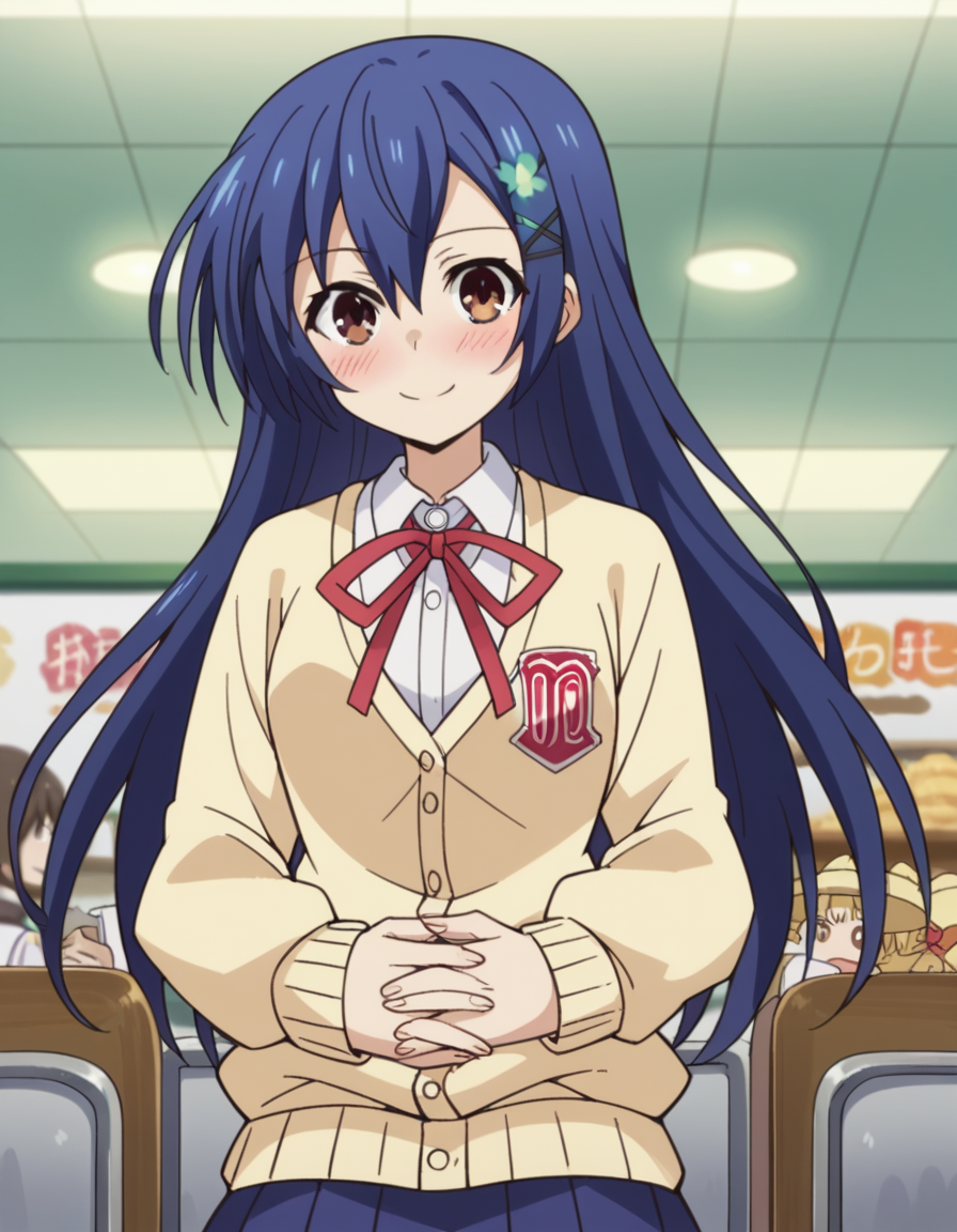 score_9, score_8_up, score_7_up, source_anime, <lora:shiori-itsuka-s2-ponyxl-lora-nochekaiser:1>, shiori itsuka, long hair, hair ornament, brown eyes, blue hair, hairclip, otoko no ko,, skirt, ribbon, school uniform, pleated skirt, cardigan, blue skirt, yellow cardigan,, restaurant, tables, food, waiters, guests, smile, hands on stomach, blush,, looking at viewer, solo,, dutch angle, cowboy shot