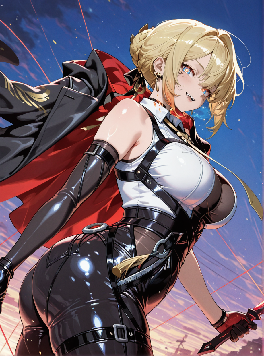 (masterpiece), (best quality), 1girl, solo, evelyn chevalier \(zenless zone zero\), (anime screencap), (evch_zzz), looking at viewer, (standing), large natural breasts, (purple eyes), blonde hair, short hair, hair up, anime style, shiny skin, (necktie between the breasts), earrings, high heels, chest harness, arm strap, asymmetrical gloves, white shirt, yellow necktie, collared shirt, sleeveless shirt, elbow gloves, black gloves, black jacket, blush, gloves, ring hair ornament, ass, high-waist_pants, tight clothes, tight pants, high-waist pants, latex pants, (holding), jacket, jacket on shoulders, mismatched gloves, mole under eye, black pants, uneven gloves, (weapon, glowing wire, energy wire, light string, neon weapon, knife at the end of the wire, glowing knife), outdoors, happy, dragon girl, scales, gold trim, slit pupils, tusks, hooded cloak, painterly, colorful, flat colors, glowing, impasto, abstract, plump, <lora:EvelynChevalierZZZeroillusApexAi:0.7>,