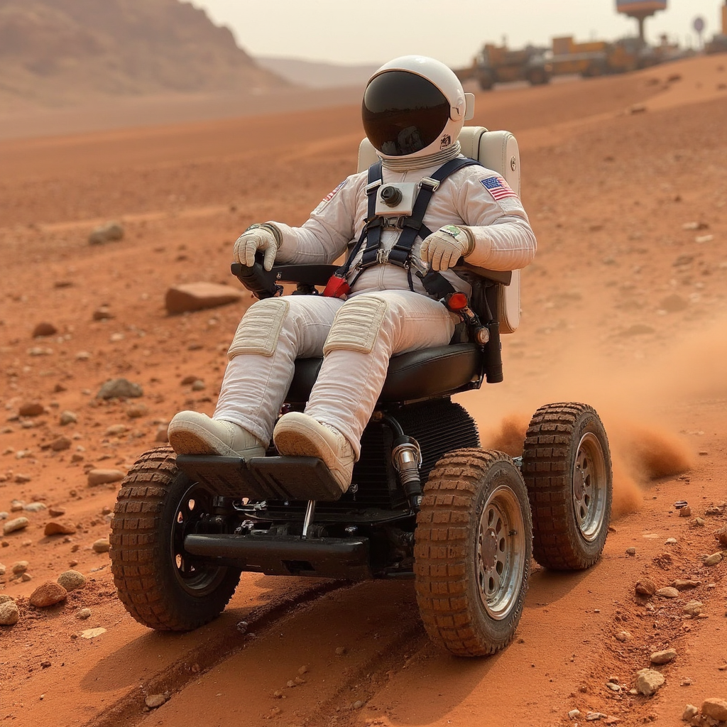 realistic photo of a astronaut riding in an off road wheelchair, on mars, red dirt, red planet, alien planet, nasa style, space and scifi,  ultra high quality, sharp focus, highly detailed,  <lora:Off_Road_Wheelchair_FLUX:1>,