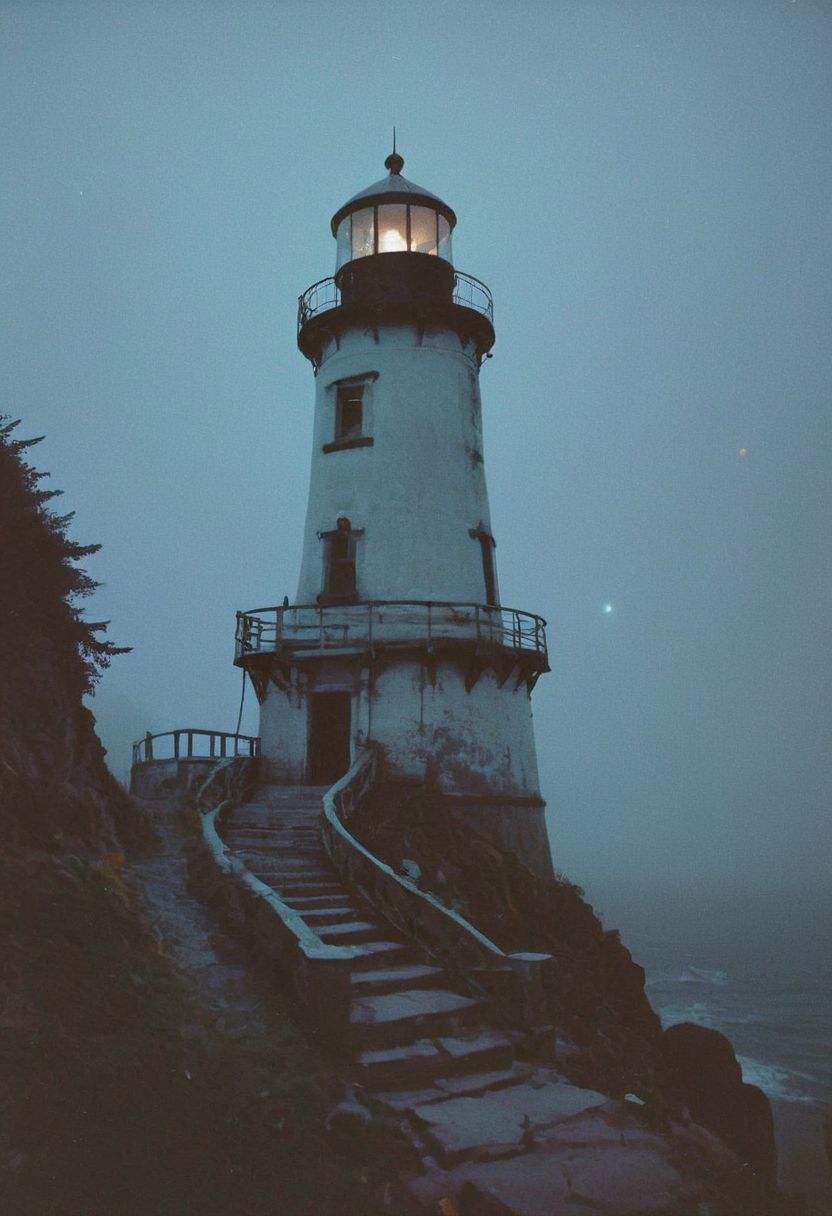 soaked_mundwasser_pee, In a grainy, handheld video, a lone explorer investigates an old, decrepit lighthouse on a foggy night. As he ascends the spiral staircase, strange whispers and ghostly moans fill the air. At the top, he encounters a monstrous, ethereal being with tentacles and multiple glowing eyes. The footage is chaotic and filled with static, capturing the explorer's terror and the creature's unearthly presence.