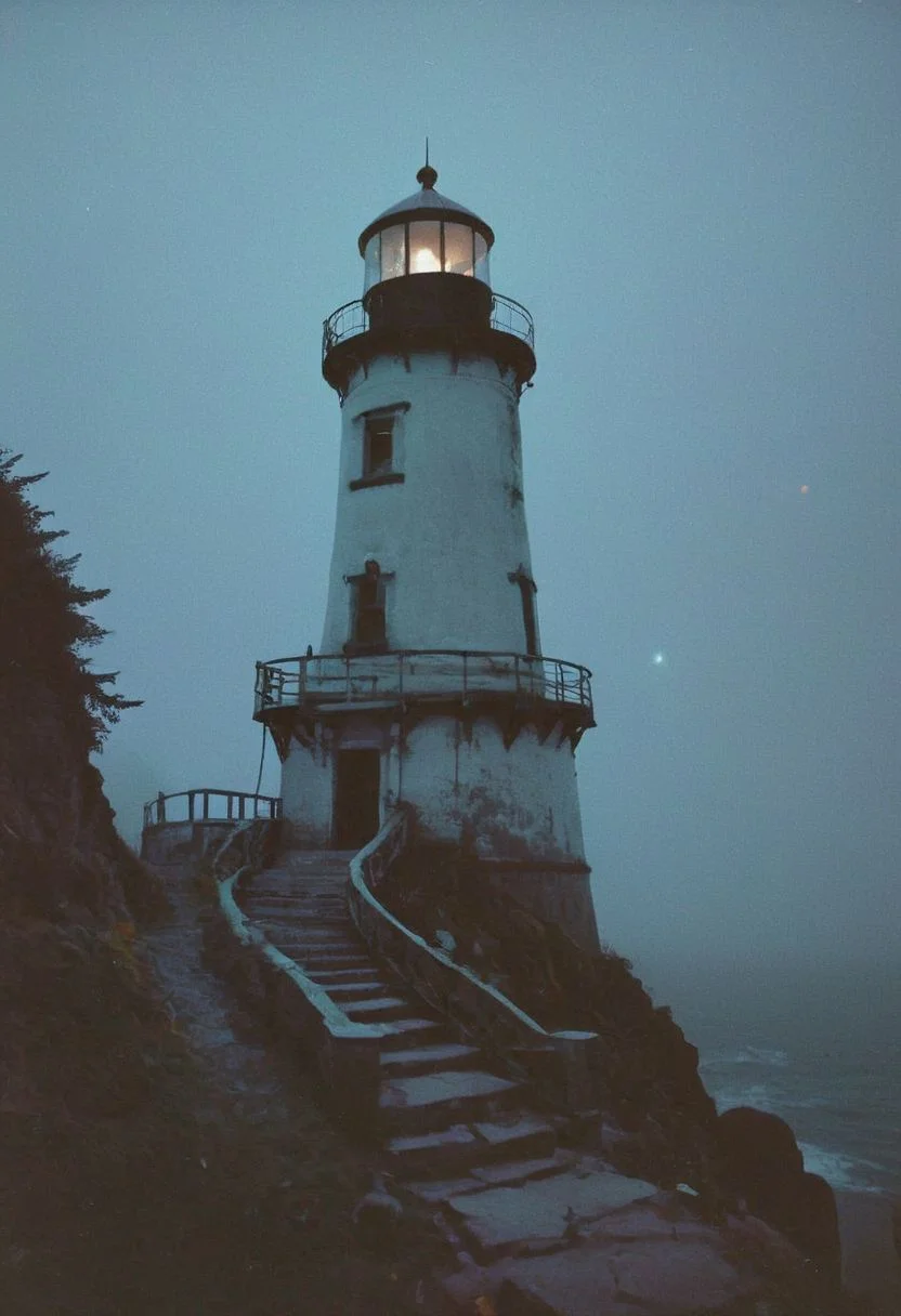 soaked_mundwasser_pee, In a grainy, handheld video, a lone explorer investigates an old, decrepit lighthouse on a foggy night. As he ascends the spiral staircase, strange whispers and ghostly moans fill the air. At the top, he encounters a monstrous, ethereal being with tentacles and multiple glowing eyes. The footage is chaotic and filled with static, capturing the explorer's terror and the creature's unearthly presence.