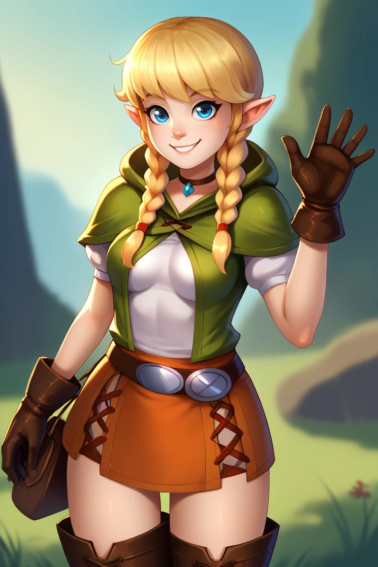 score_9, score_8_up, score_7_up, BREAK, <lora:shadmanPONYXL-guy-v101:1>, 1girl, solo, breasts, looking at viewer, <lora:hyrulewarriors_linkle_ponyXL-000004:0.9> linkle, twin braids, green capelet, hood, leather gloves, skirt, thigh boots, choker, belt, outdoors, smile, waving,