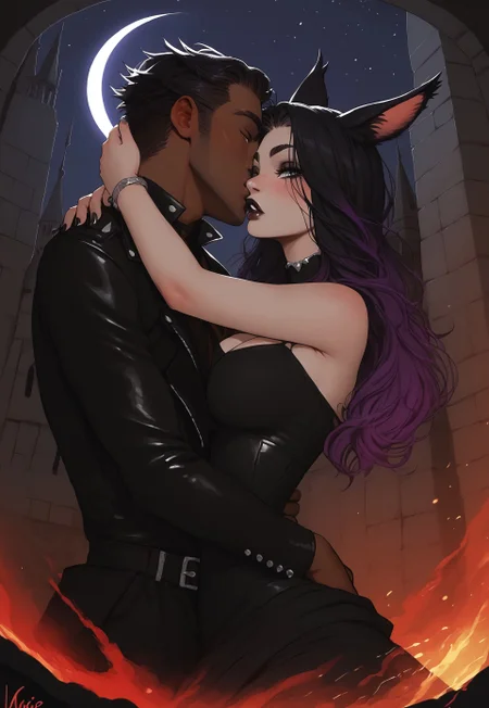 safe_pos, score_9,score_8_up,score_7_up,score_6_up, 1girl, 1boy, sexy goth woman with pale skin, miqo'te, FemmeMiq, cat girl, cat ears, animal ears, animal ear fluff, ((woman with long black hair with purple highlights)), bangs, freckles, bold makeup, black nails, black lips, long eyelashes, eyeliner, ((large expressive blue eyes)), hourglass figure, medium breast, perky breast, cleavage, perfect round ass, dark eyeliner, long eyelashes, dark pupils, high contrast shadows, goth dress, gothic, black dress, detailed dress, lollita dress, black dress, lollita, vampire dress, black details, goth dress,((BREAK)), sexy biker man, ((dark skinned viera man)), toned muscles, tall, ((man with rugged black hair)), rugged features, ((leather jacket)), ((black tank top)), tight jeans, biker boots, ((large expressive golden eyes)), high res image, masterpiece, dynamic shot, <lora:Expressive_H:0.65> <lora:incase-ilff-v3-4:0.5> <lora:g0th1cPXL:0.45> <lora:princess_pony_v1:0.1> <lora:Branwen_QBR:0.7>, high gradient eyes, eyesHD, dynamic pose, dynamic, detailed eyes, high definition eyes, amazing quality, wallpaper, hug, deep kiss, kiss, head tilt, wide angle, castle, exterior, nighttime, moon, moonlight, stars, gargoyle. bats,