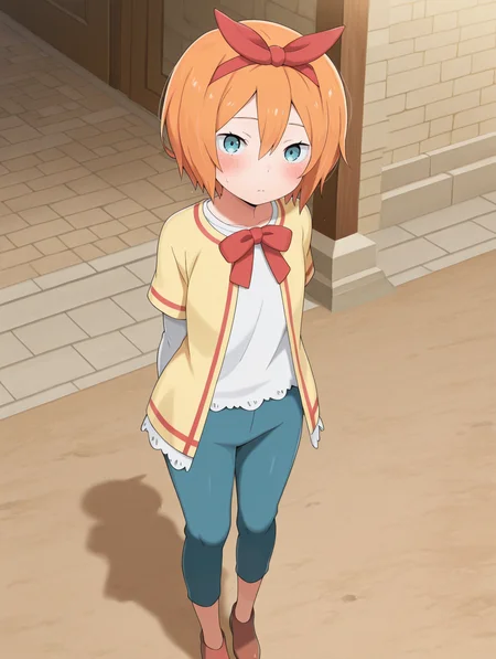 <lora:Petra Illu:1>1girl, solo,
petr4, short hair, orange hair, hair between eyes, blue eyes, bow hairband,
petravillage, white shirt, red bowtie, yellow jacket, short over long sleeves, blue pants, brown footwear,
standing, arms behind back, looking at viewer, blush,, masterpiece, best quality, amazing quality