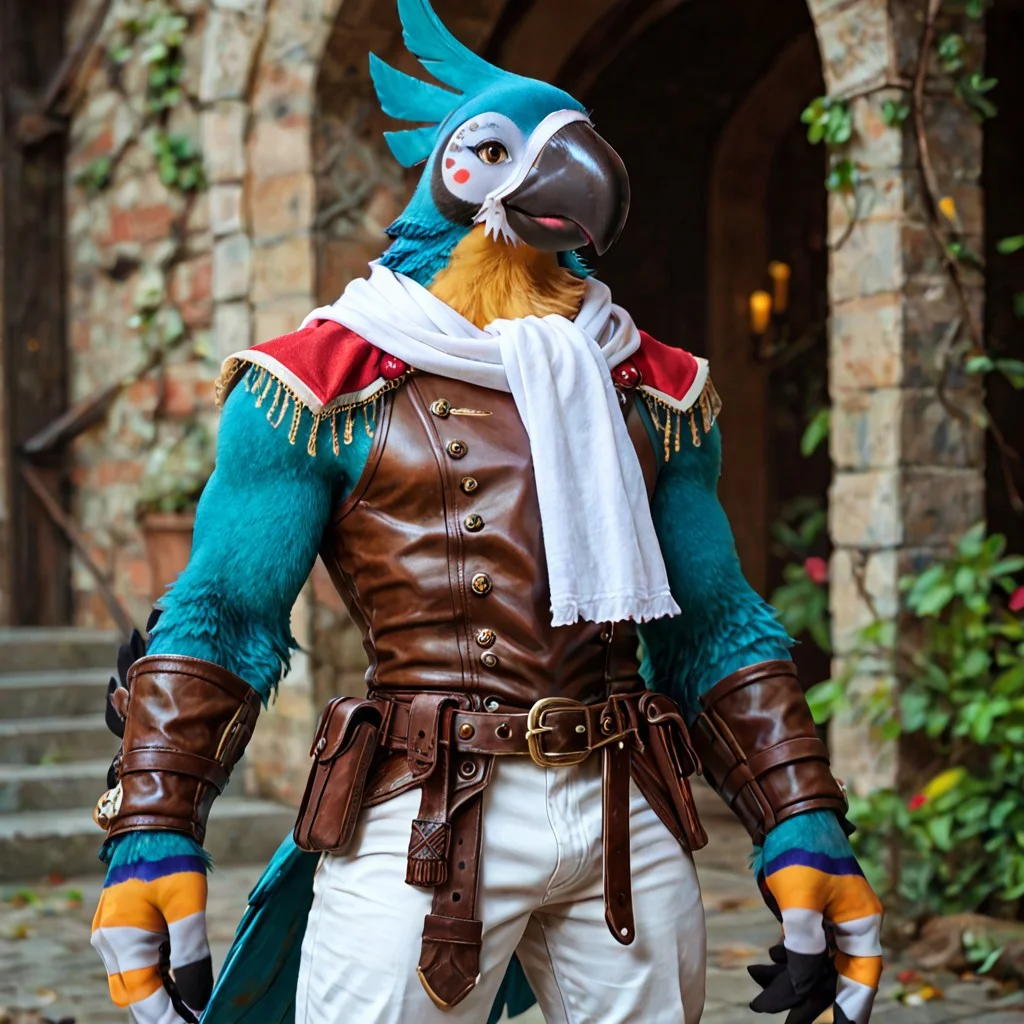 score_9, score_8_up, score_7_up, 1boy, Kass, KassPXL, bird boy, avian, rito, furry male, anthro, blue feathers, multicolored feathers, realistic feathers, bara, muscular male, topheavy physique, wing arms, feather hands, beak, eyelashes, (smile:0.5), sleeveless, brown leather armor, white scarf, mantle, epaulets, thick thighs, white pants, medieval, fantasy, realistic