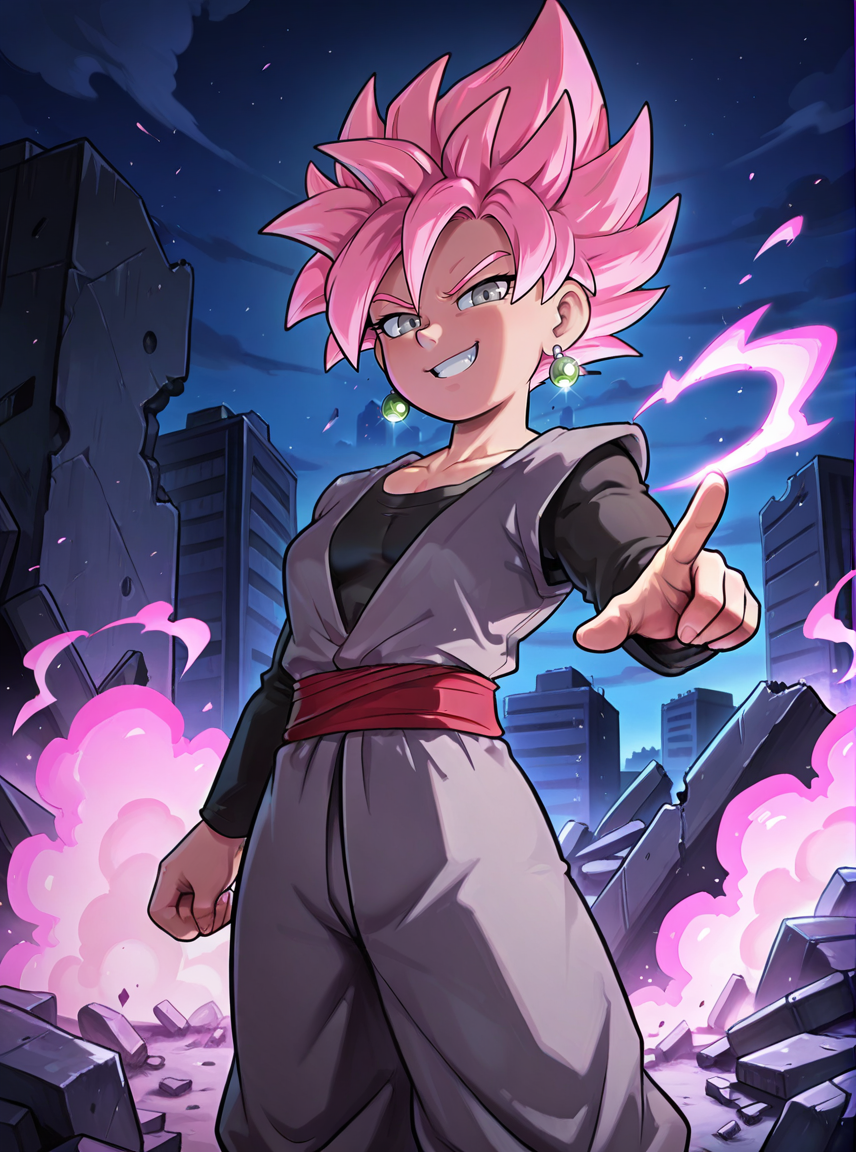 best quality,masterpiece,absurdres,newest,masterpiece, dark, outdoors, night, closed mouth, looking at viewer, 1boy, solo, toned, destruction, ruins, smoke, rubble, pointing at viewer, goku black, spiked hair, pink hair, grey eyes, black shirt, long sleeves, potara earrings, grey tunic, grey dougi, red sash, green single earring, super saiyan, pink energy, pink aura, smug, grin,