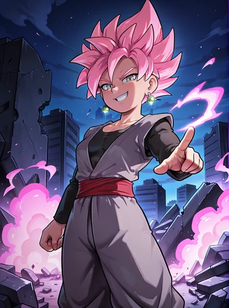 best quality,masterpiece,absurdres,newest,masterpiece, dark, outdoors, night, closed mouth, looking at viewer, 1boy, solo, toned, destruction, ruins, smoke, rubble, pointing at viewer, goku black, spiked hair, pink hair, grey eyes, black shirt, long sleeves, potara earrings, grey tunic, grey dougi, red sash, green single earring, super saiyan, pink energy, pink aura, smug, grin,