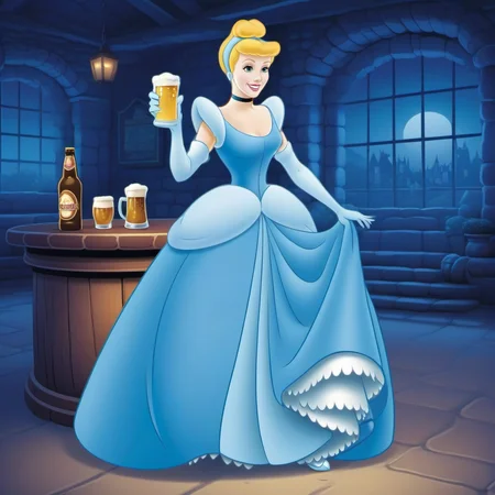 a full body cartoon drunk cinderella having a pint of beer in a pub <lora:Cinderella1024:0.8>