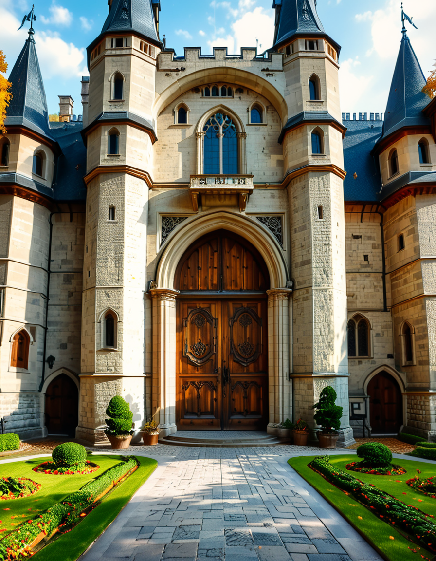 A highly detailed and realistic photograph of the massive entrance door of a medieval castle. The heavy wooden door is reinforced with large iron studs and intricate metalwork, set within a grand stone archway. The aged stone walls surrounding the entrance are weathered, covered in patches of moss and ivy, giving a sense of ancient history.
The cobblestone pathway leading to the door is slightly worn, with scattered fallen leaves and small tufts of grass growing between the stones. Above the entrance, a small, narrow window or arrow slit adds to the castleâs defensive design. The scene is illuminated by soft, natural light, casting shadows that highlight the textures of the stone and wood. The atmosphere is mysterious and majestic, evoking a sense of medieval grandeur.
<lora:SDXLFaeTastic2400:0.4> <lora:extremely_detailed:0.4> extremely detailed,  <lora:medieval_c4stl3_d00r:1>,medieval c4stl3 d00r, Masterpiece,best quality,hi res,8k,hi res,8k,award winning,(sharp focus, intricate, highly detailed),