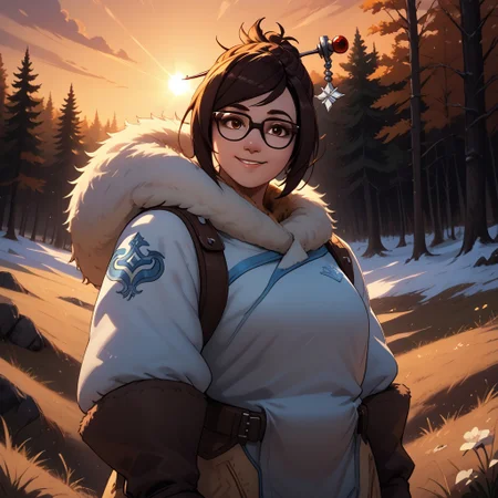 score_9, score_8, BREAK, solo, Mei, glasses, hair ornament, plump, winter coat, fur coat, trimmed coat, footwear, sexy pose, self portrait, smile, outdoors, sunlight, shadows, evening lighting, natural lighting, forest, trees, grass, orange sky, sunset