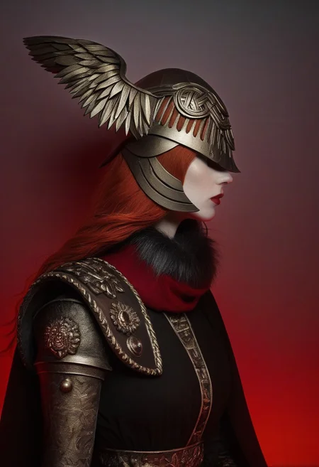 (Masterpiece), high quality, absurdres, BL4CK3STBL4CK, black_theme, matte_color, flat_color, (no_humans), vantablack, art, a woman with red hair, winged helmet, sword, red cape, Black_theme, dark lighting, black background, contrast