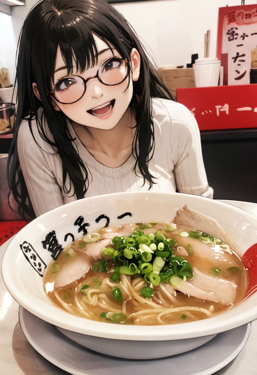 masterpiece, best quality, very aesthetic, absurdres,
miyakko_ramen, food focus, noodles, food, bowl, realistic, ramen, soup, spring onion, still life, cup, table, close-up
1girl, solo, glasses, black hair, long hair, white ribbed sweater, happy, smile, looking at viewer, open mouth, solo focus, sitting, across table, 
 <lora:miyakko_storefront_SDXL_V2:1>