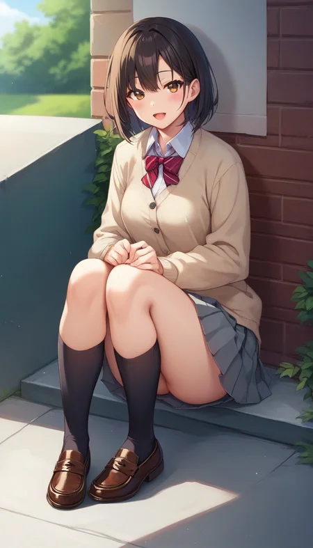 score_9,score_8_up,score_7_up,score_6_up BREAK official art,solo,outdoors,upper body,(portrait:1.5),looking at viewer,facing viewer,smile,blush,Sua Kang,medium hair,black hair,bob cut,sidelocks,hair between eyes,parted bangs,brown eyes,lips,school uniform,beige cardigan,striped cardigan,wing collar,collared shirt,white shirt,dress shirt,long sleeves,medium breasts,miniskirt,grey skirt,pleated skirt,black socks,loafers,<lora:Sua Kang(tb)-Pony:1.2>,