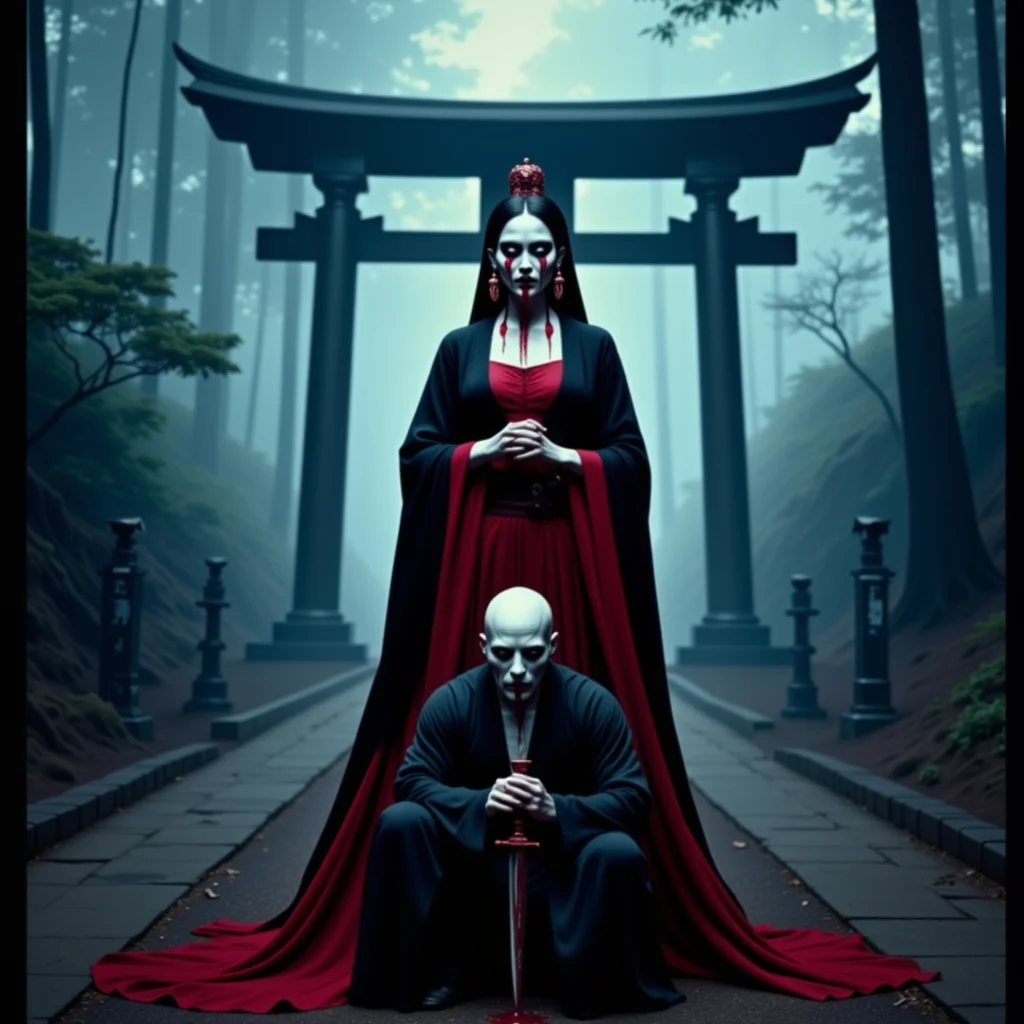 analog film photo Half-body portrait, feudal Japan mountain shrine, fog-lit dawn: A vampiric onna-bugeisha stands poised in layered black and blood-red kimono, face painted white with blood trickling from her lower lip. Her red eyes are narrowed and focused, glowing faintly against the mist. Her long fangs are exposed as she holds a tanto blade horizontally in front of her face. Behind her kneels a ghoul servant—head shaved, wearing tattered ceremonial robes, mouth stitched closed with red thread. Shot on a Mamiya RZ67 with 110mm lens, film: Ilford HP5+, using ambient fog-filtered dawn light with silver bounce. Her skin is textured like porcelain cracked with age; tiny veins, faint dark circles, and blood splatters contrast the stillness of her form. The background fades into sacred mist, shrine gates half-devoured by roots and time. The portrait is reverent, violent, and quiet. analog photography, shot by kodak brownie, faded polaroid <lora:undead denizens v2.2:1> . faded film, desaturated, 35mm photo, grainy, vignette, vintage, Kodachrome, Lomography, stained, highly detailed, found footage