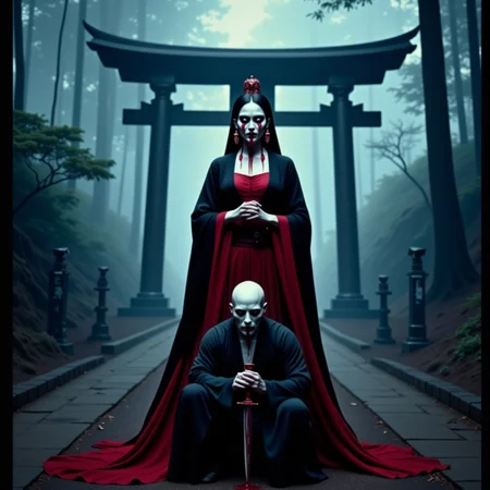 analog film photo Half-body portrait, feudal Japan mountain shrine, fog-lit dawn: A vampiric onna-bugeisha stands poised in layered black and blood-red kimono, face painted white with blood trickling from her lower lip. Her red eyes are narrowed and focused, glowing faintly against the mist. Her long fangs are exposed as she holds a tanto blade horizontally in front of her face. Behind her kneels a ghoul servantâhead shaved, wearing tattered ceremonial robes, mouth stitched closed with red thread. Shot on a Mamiya RZ67 with 110mm lens, film: Ilford HP5+, using ambient fog-filtered dawn light with silver bounce. Her skin is textured like porcelain cracked with age; tiny veins, faint dark circles, and blood splatters contrast the stillness of her form. The background fades into sacred mist, shrine gates half-devoured by roots and time. The portrait is reverent, violent, and quiet. analog photography, shot by kodak brownie, faded polaroid <lora:undead denizens v2.2:1> . faded film, desaturated, 35mm photo, grainy, vignette, vintage, Kodachrome, Lomography, stained, highly detailed, found footage