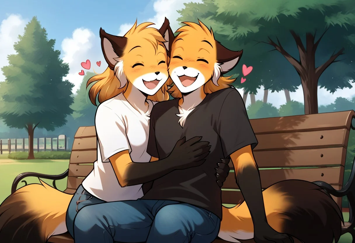 score_9, score_8_up, score_7_up, best quality, score_6_up, source_furry, rating_explicit
BREAK
duo, anthro male fox, fox, anthro, Perfect Hands, furry male anthro, (happy, laughing), (outdoors, park), Sitting on a bench, flat chest, eyes contact, black T-shirt, jeans, hugging
BREAK
score_9, score_8_up, score_7_up, best quality, score_6_up, source_furry, rating_explicit
BREAK
duo, furry female anthro, mike-twokinds, (happy, laughing), (outdoors, park), Sitting on the guy's lap, eyes close, white T-shirt, cute shorts, floating hearts, medium breasts, hugging