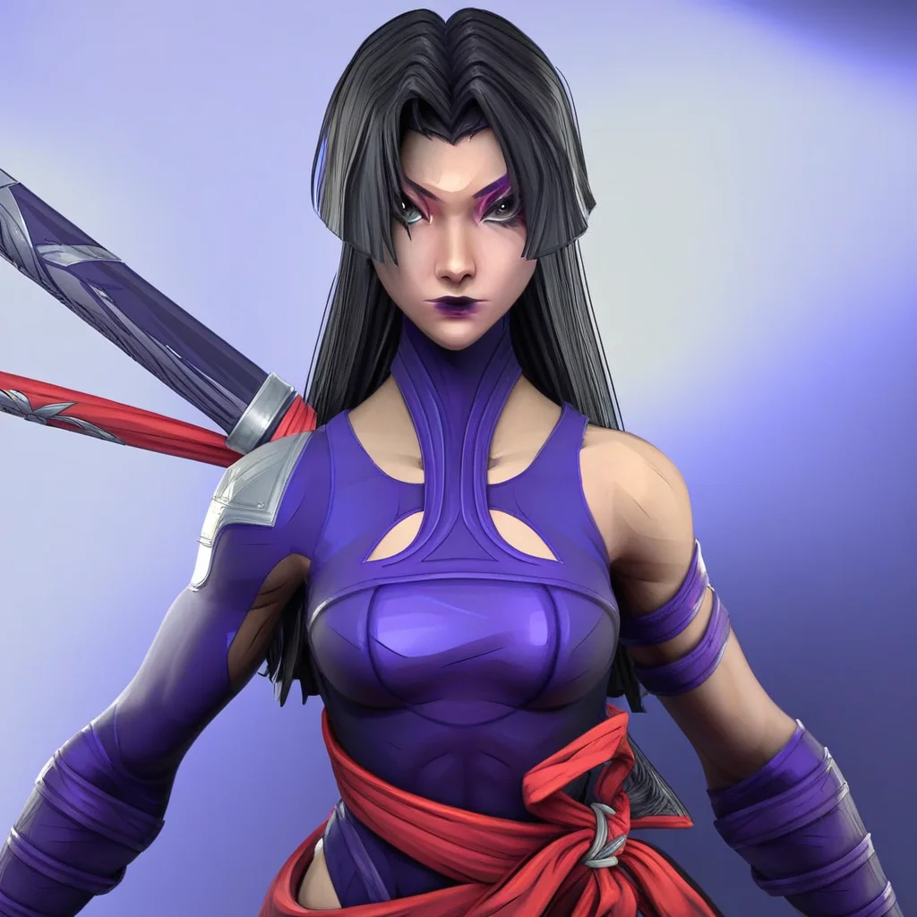 Holding sword, long black hair, 1 girl, purple leotard, , gray eyes, purple arm braces, purple face markings, sword on back, Psylocke, single bare shoulder, exposed legs, psylocke, purple lipstick, parted hair, long sleeve