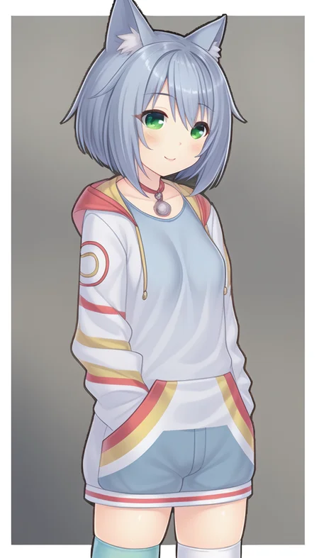 niunai,masterpiece, best quality, white kneehighs, small breasts, green eyes, short hair, light blue hair, girl, solo, 
 <lora:niunaiV1:0.5>
hoodie ,