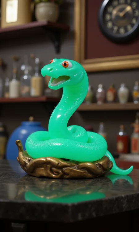 jade_snake, shebaaobao, neouv, cartoon snake made out of glowing illuminated iridescent jade ready to bite somebody on the counter of a pawn shop in New York City <lora:jadesnakeflux-000001.safetensors:1.0> <lora:shebaobao_flux_snake_Cartoon_v2.safetensors:1.0> <lora:neouv_flux_03.safetensors:1.0>