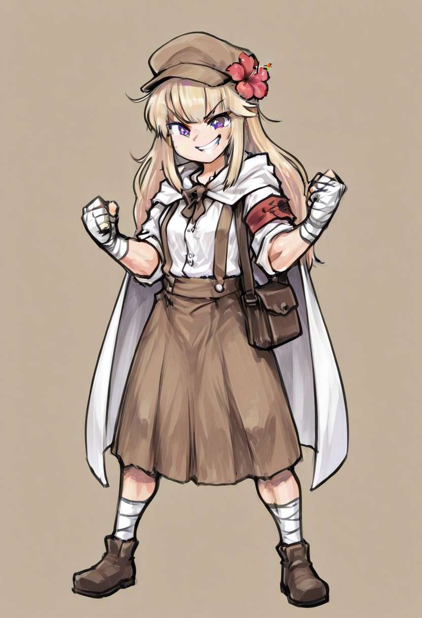 (V1 Temp), break, 1girl, solo, (short, broad shoulders, muscular arms, (purple_eyes:1.2), light blonde hair, long hair, bangs, newsboy cap, (Spider hibiscus, flower in hair), (red_armband:1.2), white button up shirt, tucked, rolled sleeves, skirt, white cloak, hood, hood down, white leg wraps, leg wraps, hand wraps, brown suspenders, brown satchel, brown footwear, brown headwear, brown skirt), full body, smiling, grin, standing, balled fist, simple background