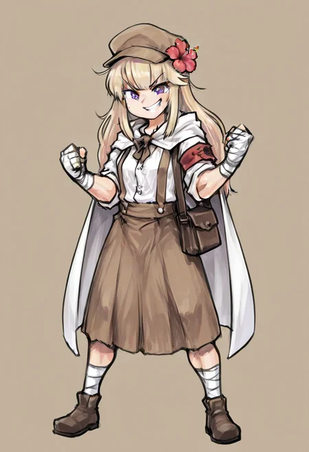 (V1 Temp), break, 1girl, solo, (short, broad shoulders, muscular arms, (purple_eyes:1.2), light blonde hair, long hair, bangs, newsboy cap, (Spider hibiscus, flower in hair), (red_armband:1.2), white button up shirt, tucked, rolled sleeves, skirt, white cloak, hood, hood down, white leg wraps, leg wraps, hand wraps, brown suspenders, brown satchel, brown footwear, brown headwear, brown skirt), full body, smiling, grin, standing, balled fist, simple background