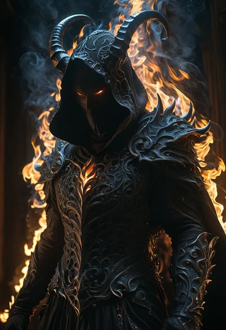 dark, extremely detailed, hooded occult figure wearing flame armor, mysterious cloaked villain, vaporous swirls of deep black, amazing quality, masterpiece, best quality, hyper detailed, ultra detailed, UHD, perfect anatomy, portrait, DOF, majestic, awesome, inspiring, cinematic, global illumination, dramatic, atmospheric haze, cinematic composition, deep shadows, death scythe, (demon horns), dark aura