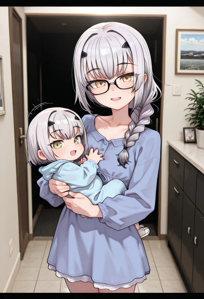 photo background, 1girl, Melusine Fate/Grand Order (gray hair, yellow eyes, standing, casual clothing, black-framed eyewear, braided ponytail, collarbone, glasses), looking at viewer, long hair, open mouth, smile, daytime, indoors,
holding baby, baby (green eyes, gray hair, short hair), nurturing expression, gentle embrace, maternal atmosphere, masterpiece, best quality, absurdres, heavy lines, black outline, extremely detailed shading, distortion-free, detailed hands (5 fingers each)