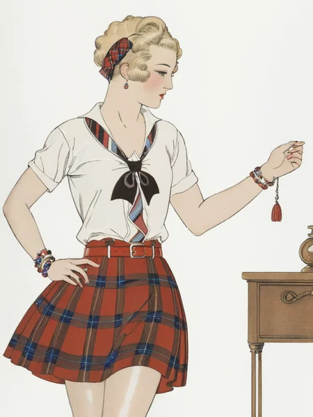 <lora:sdxl_George barbier v1.0:0.8>,best artwork of george barbier, magazine,1920s fashion,illustration, flat illustration, 1girl, (school uniforms:1.3), (beige solid-color clothes around waist:1.5), (knot on waist:1.3), (white collared-shirt:1.4), ((white collar, unbutton, short sleeve):1.2), (red plaid-pattern pleated-skirt:1.3), ((necklace, colorful bracelet, X hair ornament):1.2),((tie, bow, belt):1.4),, masterpiece, best quality,absurdres,highres,ultra detailed,official art,
BREAK