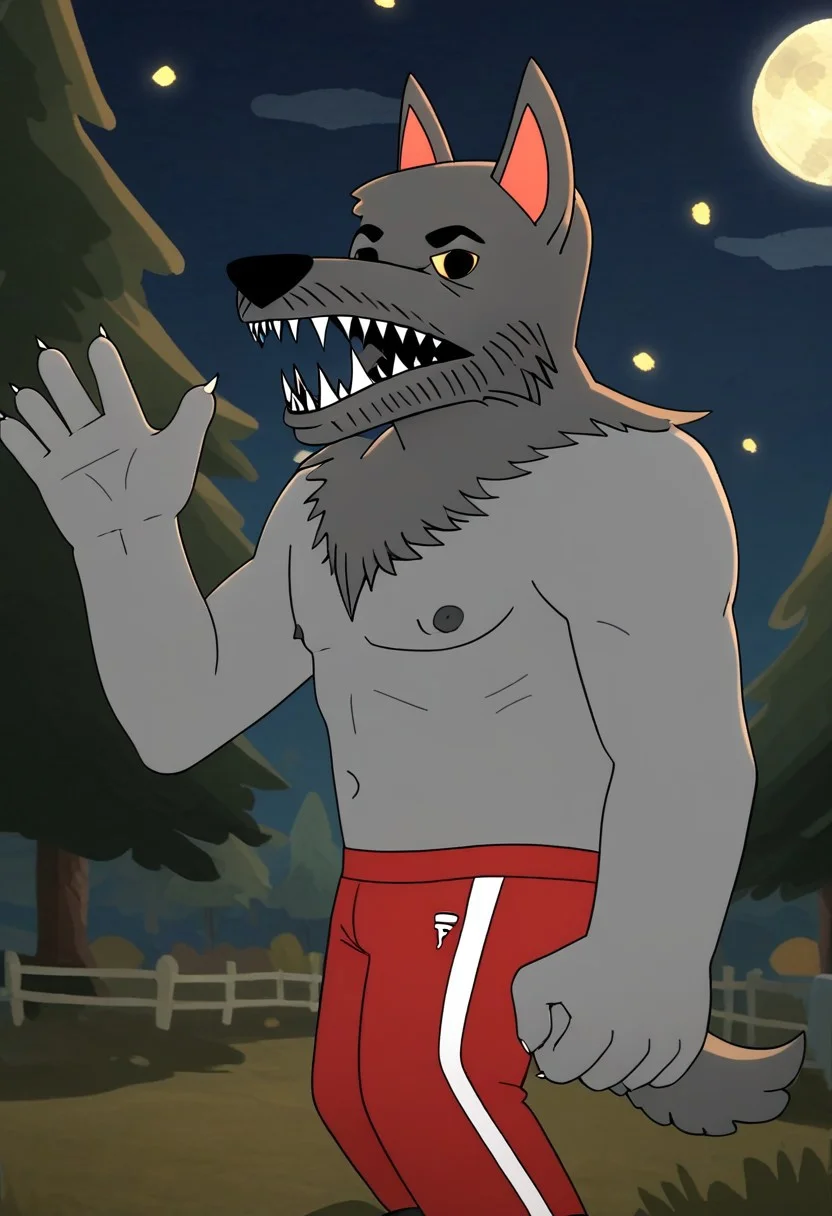 score_9, score_8_up, score_7_up, masterpiece, high quality, detailed, flat colors, solo, male, werewahlfberg, anthro, athletic, grey fur, dark grey top fur, nipples, pointed ears, black nose, yellow sclera, black eyes, eyebrows, sharp teeth, red jogging pants, quarter body shot, side view, looking at viewer, chill, happy, open mouth, showing teeth, waving, wide eyes, leaning behind a tree, outdoors, night, full moon, stars, grassy plains, woods.