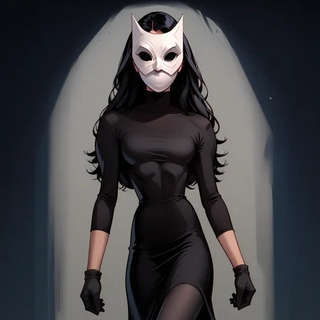 score_9, score_8_up, score_7_up, score_6_up, score_5_up, score_4_up, source_anime, (masterpiece), high quality, 4k, Artist style: Bruce Timm, DCAU, DC comics, Western Comics, masked_woman, m4skedw0m4n, BREAK, 1woman, Calendar_Girl, (Page Monroe), long hair, black hair, skintight clothing, long-sleeved dress, black dress, black tights, petite, (white mask), (mask:1.6), (monochromatic outfit), gloves, (black eyes:1.5), (no eyes:1.4)