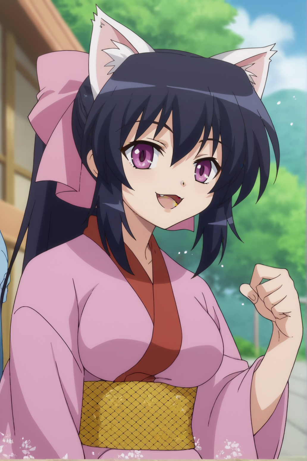 score_9, score_8_up, score_7_up,anime_source, source_anime, best background, detailed background, anime screencap,  Himari Noihara, kimono dress, cat ears, cat tail, happy, dynamic angle, naughty face, dynamic camera, dynamic pose, outdoors, soft particles, <lora:JN_Himari_Noihara:0.8>
