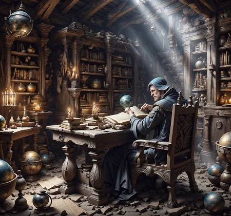 RAW photo, (masterpiece:1.3), subsurface scattering, heavy shadow, (high quality:1.4), (intricate, high detail:1.2), professional photography, HDR, High Dynamic Range, realistic, ultra realistic, photorealistic, high resolution, film photography, ambient lighting, atmospheric effects, <lora:detail_slider_v4:2>, OverallDetail,  <lora:FantasyStudy:1> , 1boy, armchair, book, bookshelf, bowl, candle, fanstu, globe, holding, indoors, jewelry, male focus, no humans, open book, paper, scenery, sitting, standing, sunlight, wizard, wizard hat