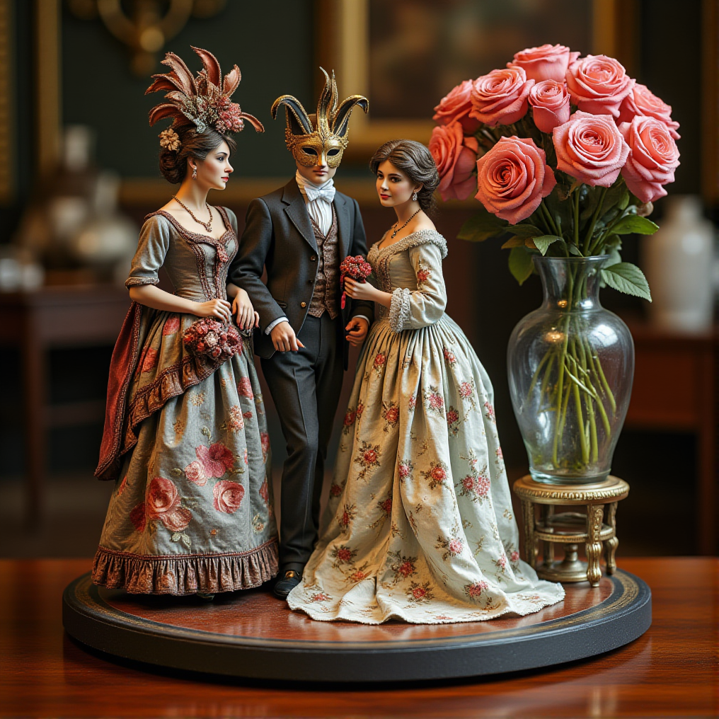 Miniature diorama of a masquerade ball next to a bouquet of roses, detailed digital illustration of a masquerade ball held in a palace, 19th century, colorful dresses, masks, well-dressed women, glamorous, lascivious and somewhat decadent atmosphere, <lora:Flux.1_Turbo_Detailer:0.7>, <lora:Diorama_Flux:0.8>