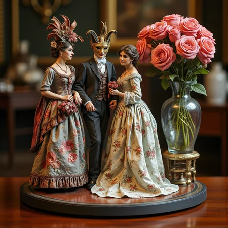 Miniature diorama of a masquerade ball next to a bouquet of roses, detailed digital illustration of a masquerade ball held in a palace, 19th century, colorful dresses, masks, well-dressed women, glamorous, lascivious and somewhat decadent atmosphere, <lora:Flux.1_Turbo_Detailer:0.7>, <lora:Diorama_Flux:0.8>