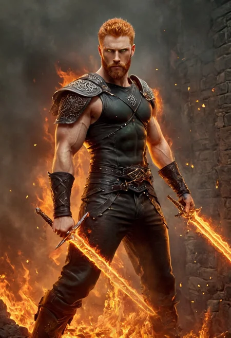 handsome male warrior, glowing green eyes, muscular, trimmed beard, short ginger hair, hairy chest, ruggedly handsome, leather pants, boots, holding a flaming sword overhead, Celtic tattoo, body engulfed in fire, standing in a burning castle, high-resolution photograph, realistic, highly detailed, wide shot