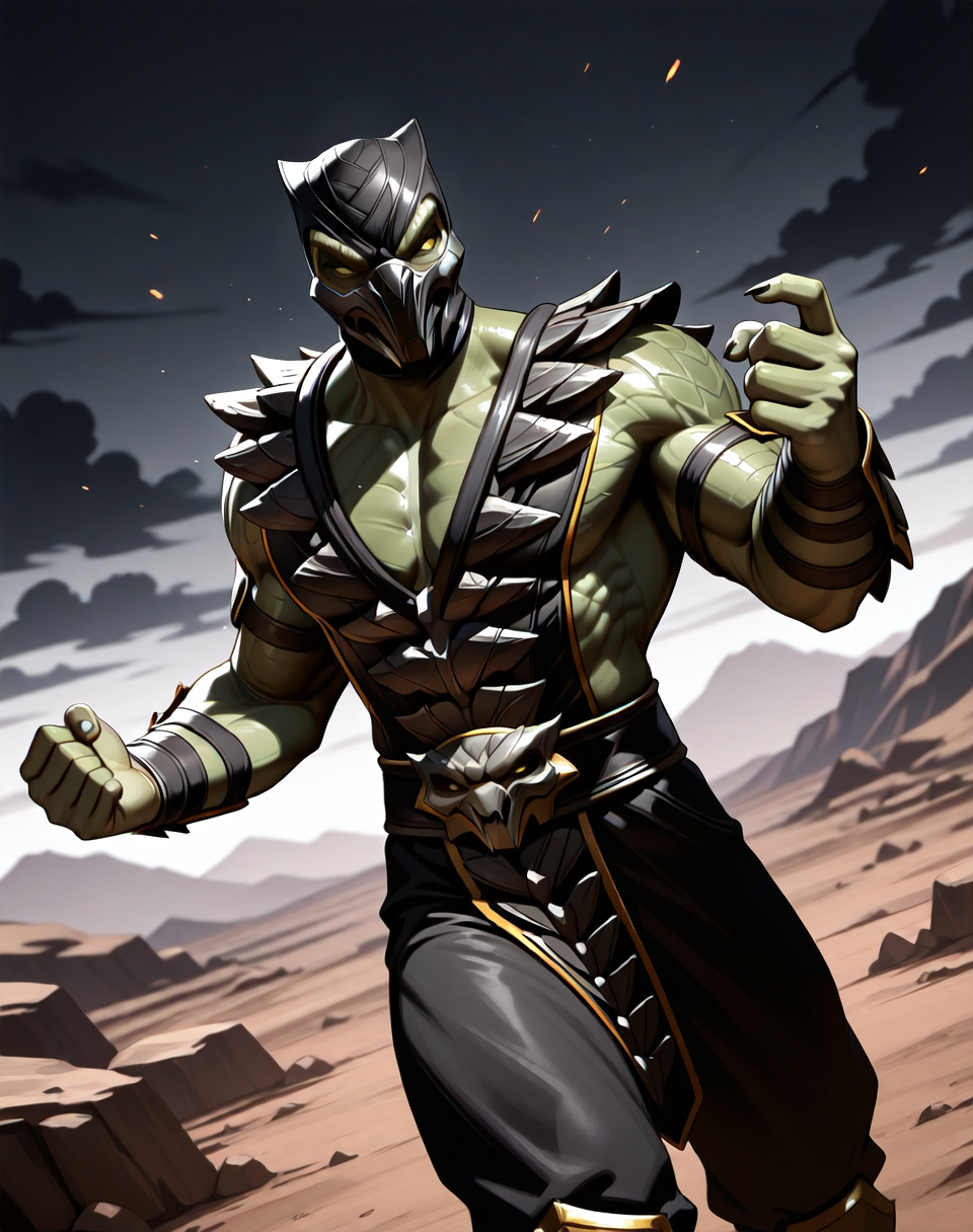 <lora:Reptile_X_(Mortal_Kombat)_(Illustrious)_(AD):1> Reptile_MK, muscular, Mortal Kombat, 
dutch angle, exterior, monumental architecture, wasteland, dark night sky with black clouds, 
male focus, gradient coloring, villain, intimidating, fierce, punch, 
BREAK very awe, aesthetically pleasing, masterpiece, best quality, amazing quality, very aesthetic, perfect depth of field shot, in'ei, source_furry, furry_art, 
Smooth Quality, lazympos, IllustQualXL_Pos,