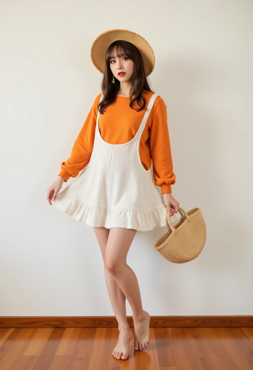 full body view, multiple angles, photoshoot poses; she has piercing eyes. A photo of a woman wearing a orange shirt under a white dress, a straw hat, and holding a straw purse in her hand. she is barefoot. wooden floor. She is posing for the camera with a confident expression. The photo is in a vintage style, with a soft focus and a sepia tone. there is a sense of nostalgia and timelessness to the scene. She is smiling. The background is a simple white wall. The overall mood of the image is Happy.RAW candid cinema,16mm,color graded portra 400 film,remarkable color,ultra realistic,textured skin,remarkable detailed pupils,realistic dull skin noise,visible skin detail,skin fuzz,dry skin,shot with cinematic camera,detailed skin texture,(blush:0.2),(goosebumps:0.3),subsurface scattering,beautiful photograph in the style of Augustus John,Sergio Toppi,Virginia Frances Sterrett,8k HD,detailed skin texture,ultra realistic,textured skin,analog raw photo,cinematic grain,whimsical.perfection style,aidmafluxpro1.1