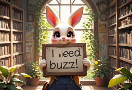 score_9, score_8_up, score_7_up, score_6_up, score_5_up, score_4_up, source_furry, rating_safe, a bunny girl in overalls in the library holding a sign that says "Buzz, please?", purple and white fur, furry, cute, books, plants, clock, god rays,need_buzz, holding sign <lora:need_buzz_sign_pony.safetensors:1.0> <lora:sd_xl_offset_example-lora_1.0.safetensors:1.0> <lora:Pony_QualityV4.0.safetensors:1.0>